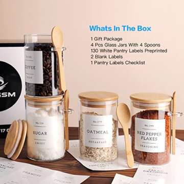 CZZGSM Glass Jar with Bamboo Lid and Spoon - 4 Pcs 17 oz Sugar Container with 132 Food Pantry Labels...