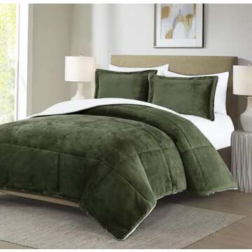 Chezmoi Collection Ultra-Soft Micromink Sherpa Queen Size Comforter Set with 2 Pillow Shams - Olive ...