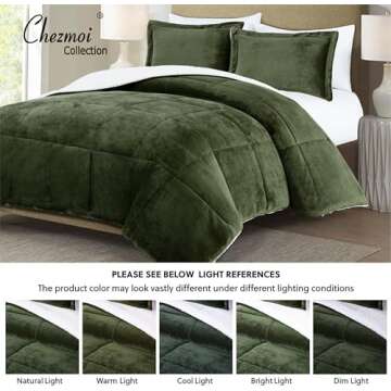 Chezmoi Collection Ultra-Soft Micromink Sherpa Queen Size Comforter Set with 2 Pillow Shams - Olive Green Reversible Plush Bedding Comforter 3-Piece Set Warm Winter Blanket