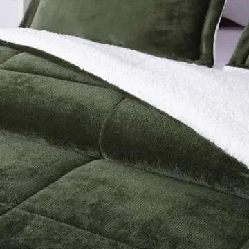 Chezmoi Collection Ultra-Soft Micromink Sherpa Queen Size Comforter Set with 2 Pillow Shams - Olive Green Reversible Plush Bedding Comforter 3-Piece Set Warm Winter Blanket