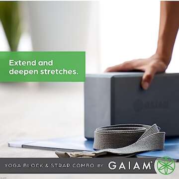 Gaiam Yoga Block & Yoga Strap Combo Set - Yoga Block with Strap, Pilates & Yoga Props to Help Extend & Deepen Stretches, Yoga Kit for Stability, Balance & Optimal Alignment - Grey