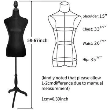 Female Mannequin Torso Dress Form with Adjustable Wooden Tripod Base - 58"-67"