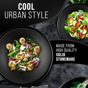 Stoneware Dinner Plates Set of 4, Stylish Matte Black Design