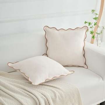 Mayler Yee Scalloped Throw Pillow Covers Set of 2 for Living Room, Soft Cotton & Cozy Linen, Boho Sytle Decorative Home (Beige & Khaki, 18x18 Inch)