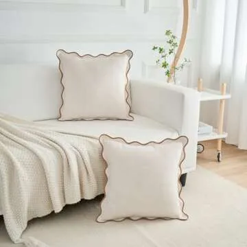 Mayler Yee Scalloped Throw Pillow Covers Set of 2 for Living Room, Soft Cotton & Cozy Linen, Boho Sytle Decorative Home (Beige & Khaki, 18x18 Inch)