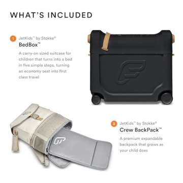 Stokke JetKids Travel Bundle, Black - Includes Kid’s Ride-On Suitcase & In-Flight Bed + Adjustable, Lightweight & Expandable Crew BackPack - Travel Essentials for Kids - Best for Ages 3-7