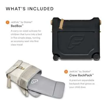 Stokke JetKids Travel Bundle, Black - Includes Kid’s Ride-On Suitcase & In-Flight Bed + Adjustable, Lightweight & Expandable Crew BackPack - Travel Essentials for Kids - Best for Ages 3-7