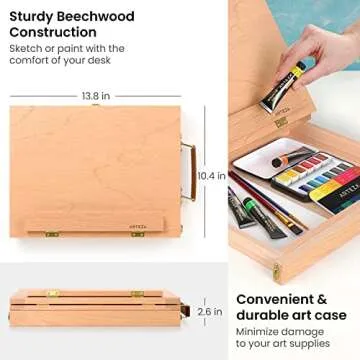 ARTEZA Tabletop Easel 13.4x10.3x2 Inches, Portable Beechwood Easel Box with Drawer & Palette for Artists