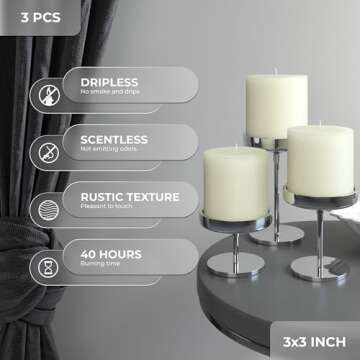 CANDWAX 3x3 Pillar Candle Set of 3 - Decorative Rustic Candles Unscented and Dinner Candles - Ideal ...