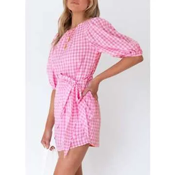 ZOWODO Pink Plaid Mini Dress for Women - Summer Style