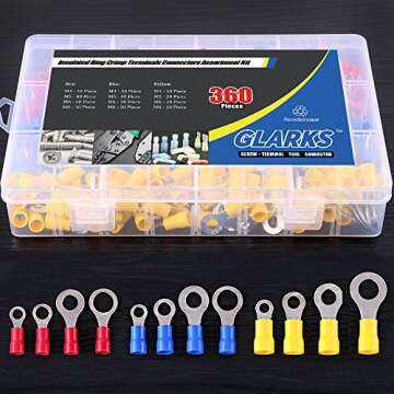 Glarks 360pcs 22-16/16-14/12-10 Gauge Mixed Quick Disconnect Electrical Insulated M4 / 5/6 / 8 Ring Crimp Terminals Connectors Assortment Kit