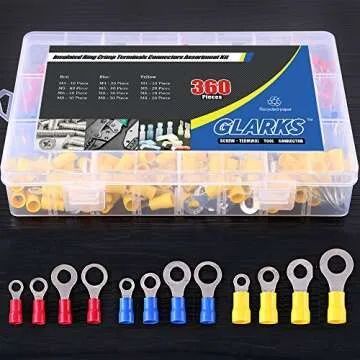 Glarks 360pcs 22-16/16-14/12-10 Gauge Mixed Quick Disconnect Electrical Insulated M4 / 5/6 / 8 Ring Crimp Terminals Connectors Assortment Kit