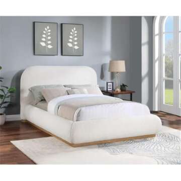 Pemberly Row Modern Queen Bed in Cream Boucle Fabric - Contemporary Design