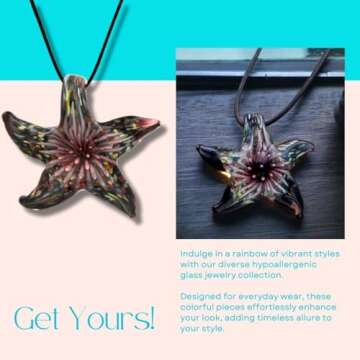 BESHEEK Murano Inspired Animal Blown Glass Pendant Necklace for Women Handcrafted Artisan Hypoallergenic Italian Style Jewelry (Pink Blooming Starfish)