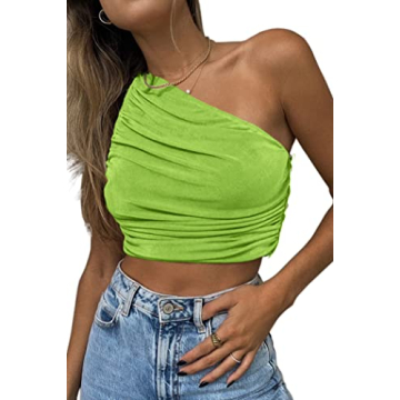 CHYRII Women's Sexy One Shoulder Tank Top - Shiny Ruched Cropped Tops in Avocado Green