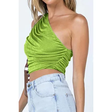 CHYRII Women's Stylish Shiny One Shoulder Crop Top