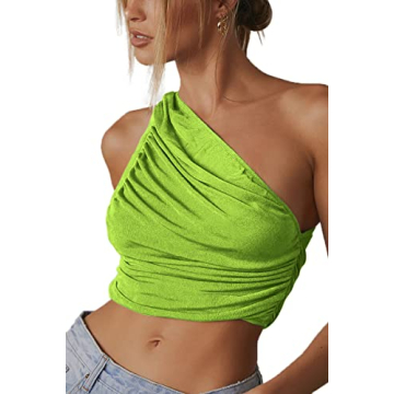 CHYRII Women's Stylish Shiny One Shoulder Crop Top