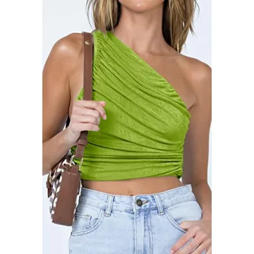CHYRII Women's Stylish Shiny One Shoulder Crop Top