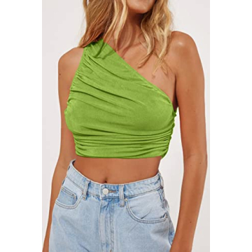CHYRII Women's Stylish Shiny One Shoulder Crop Top