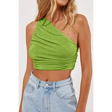 CHYRII Women's Stylish Shiny One Shoulder Crop Top