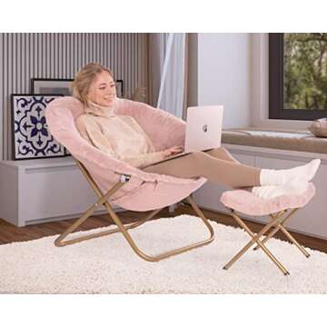 Milliard Cozy Chair with Footrest Ottoman/Faux Fur Saucer Chair for Bedroom/X-Large (Pink)