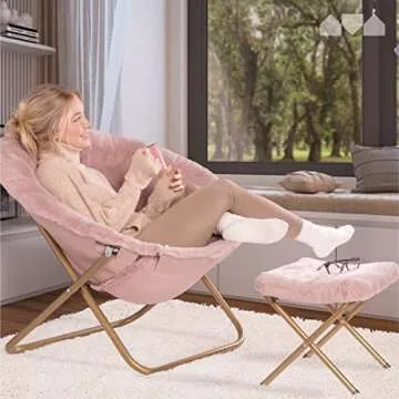 Milliard Cozy Chair with Footrest Ottoman/Faux Fur Saucer Chair for Bedroom/X-Large (Pink)