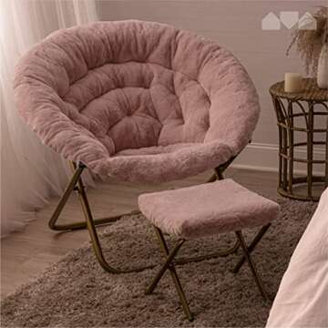 Milliard Cozy Chair with Footrest Ottoman/Faux Fur Saucer Chair for Bedroom/X-Large (Pink)