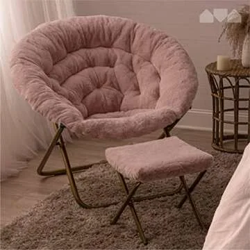 Milliard Cozy Chair with Footrest Ottoman/Faux Fur Saucer Chair for Bedroom/X-Large (Pink)