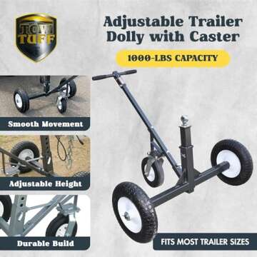 Tow Tuff Adjustable Steel Trailer Dolly w/ 16" Tires & 10" Swivel Caster, 1000 lb Capacity