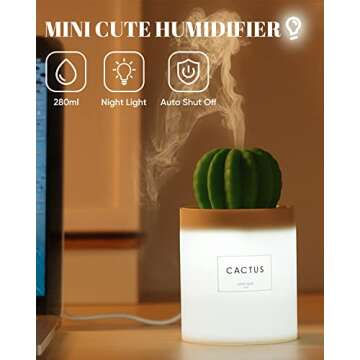 ONUEMP Cactus Humidifiers with Night Light, Mini Cool Mist Humidifier 280ml USB Portable Air Diffuse...