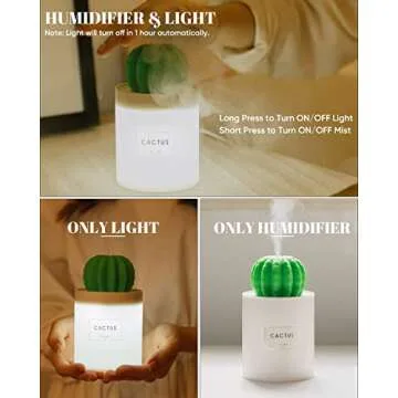 ONUEMP Cactus Humidifiers with Night Light, Mini Cool Mist Humidifier 280ml USB Portable Air Diffuser, Auto Shut-off, Gift for Christmas, Valentines, for Bedroom, Baby, Travel, Desktop, Home, Office