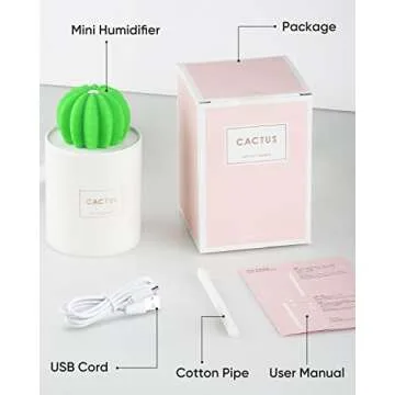 ONUEMP Cactus Humidifiers with Night Light, Mini Cool Mist Humidifier 280ml USB Portable Air Diffuser, Auto Shut-off, Gift for Christmas, Valentines, for Bedroom, Baby, Travel, Desktop, Home, Office