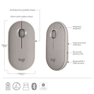Logitech Pebble Wireless Mouse with Bluetooth or 2.4 GHz Receiver, Silent, Slim Computer Mouse with Quiet Clicks, for Laptop/Notebook/iPad/PC/Mac/Chromebook - Sand