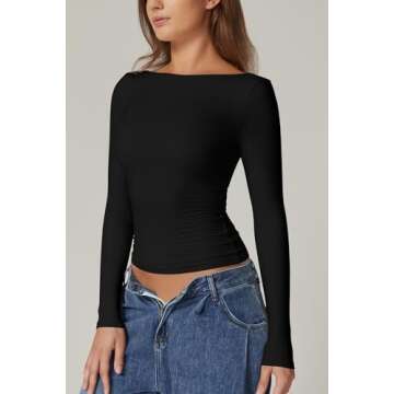 QINSEN Long Sleeve Open Back Tops Double Lined Slim Fit Going Out Tops Boat Neck T Shirts for Women Black M