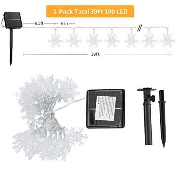 Brightown Solar Christmas Snowflake String Lights 100 LED 39 FT Outdoor Waterproof Fairy Lights with 8 Lighting Modes for Wedding, Party, Tree, Room, Garden, Patio, Yard, Home, Warm White