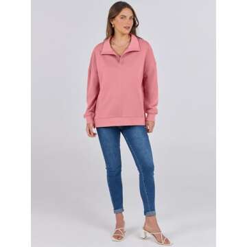 ANRABESS Women Long Sleeve Polo V Neck Split Casual Loose Fit 2025 Fall Tunic Pullover Sweatshirts with Pockets Pink Medium