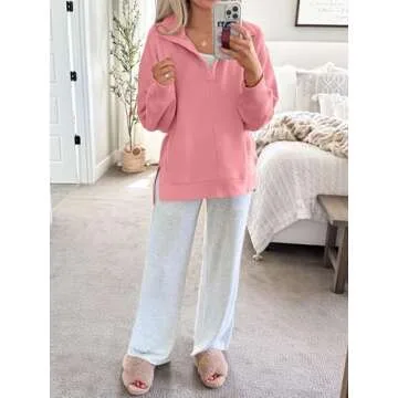 ANRABESS Women Long Sleeve Polo V Neck Split Casual Loose Fit 2025 Fall Tunic Pullover Sweatshirts with Pockets Pink Medium