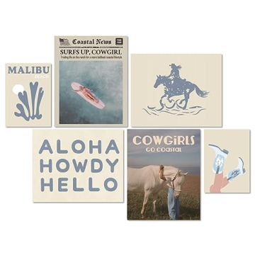 MINI ZOZI Coastal Cowgirl Wall Art Set Of 6 Blue Posters Prints Surfer Room Decor Aesthetic Surf Gra...