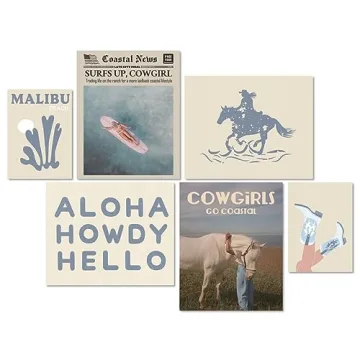 MINI ZOZI Coastal Cowgirl Wall Art Set Of 6 Blue Posters Prints Surfer Room Decor Aesthetic Surf Gra...