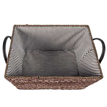 MyGift Woven Brown Wicker Handled Storage Basket with Decorative Striped Fabric Liner, Rectangular O...