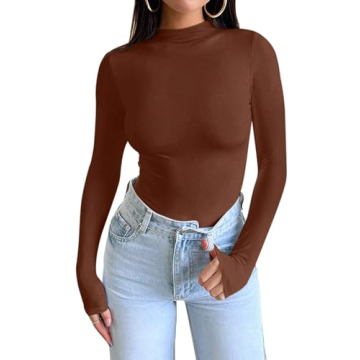 Stylish PINKMSTYLE Turtle Neck Top for Women in Reddish Brown