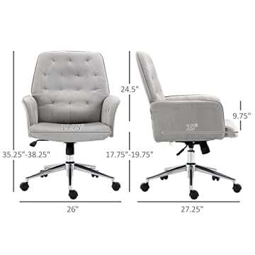 Vinsetto Velvet Home Office Chair, Tufted Height Adjustable Computer Desk Chair with Swivel Wheels and Padded Armrests, Light Gray