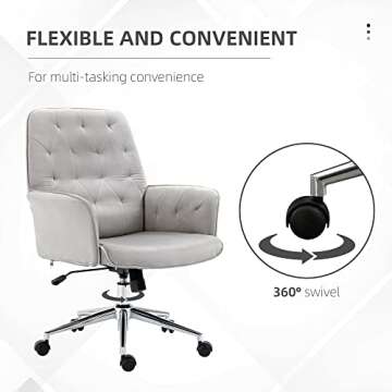 Vinsetto Velvet Home Office Chair, Tufted Height Adjustable Computer Desk Chair with Swivel Wheels and Padded Armrests, Light Gray