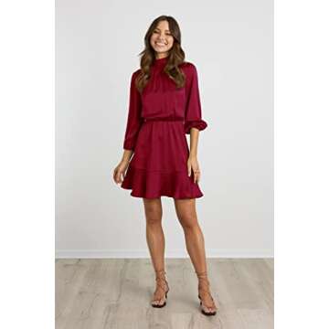 BTFBM Women's Satin Short Dress Long Lantern Sleeve Self Tie Back Crew Neck High Waist Dressy Ruffle A-Line Mini Dresses(Solid Wine Red, Small)