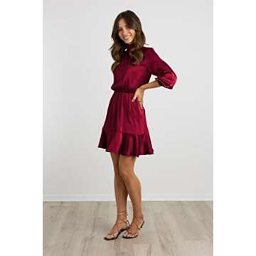 BTFBM Women's Satin Short Dress Long Lantern Sleeve Self Tie Back Crew Neck High Waist Dressy Ruffle A-Line Mini Dresses(Solid Wine Red, Small)