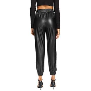 V VOCNI Women's Faux Leather Jogger Pants High Waist Drawstring Elastic Waist Winter Joggers Trousers Black Medium