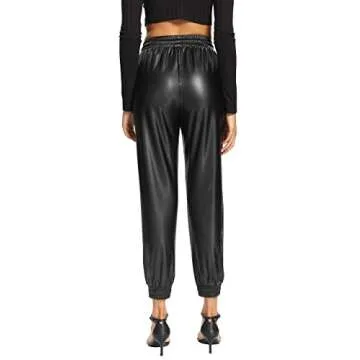 V VOCNI Women's Faux Leather Jogger Pants High Waist Drawstring Elastic Waist Winter Joggers Trousers Black Medium