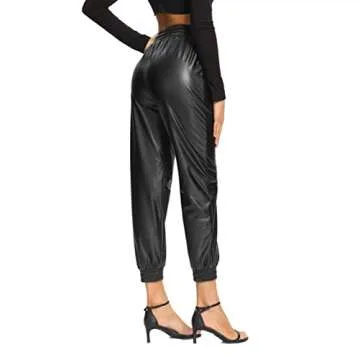 V VOCNI Women's Faux Leather Jogger Pants High Waist Drawstring Elastic Waist Winter Joggers Trousers Black Medium