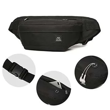 Fanny Packs for Women & Men Unisex Waist Bag Pack with Headphone Jack and Zipper Adjustable Strap Black Fanny Pack for Outdoors & Gym (fanny pack).