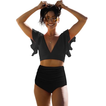SPORLIKE Women Ruffle High Waist Swimsuit Two Pieces Push Up Black Bikini (Black,Large)